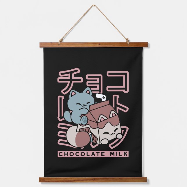 Kawaii Cat with Chocolate Milk – Japanese Pop Art  Hanging Tapestry (Front)