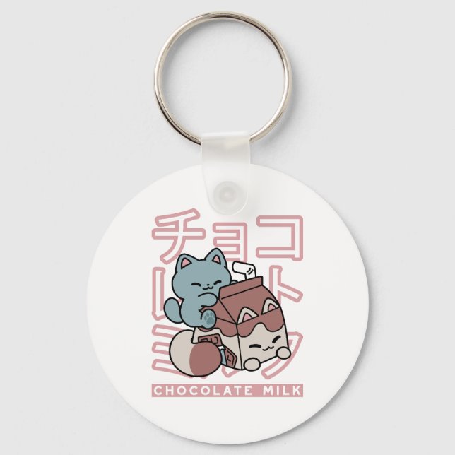 Kawaii Cat with Chocolate Milk – Japanese Pop Art  Keychain (Front)