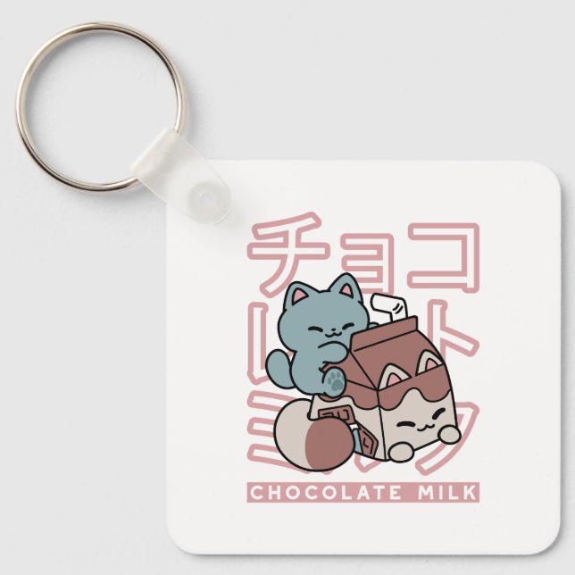 Kawaii Cat with Chocolate Milk – Japanese Pop Art  Keychain (Front)