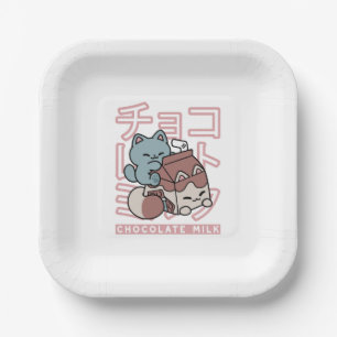 Kawaii Cat with Chocolate Milk – Japanese Pop Art  Paper Plate