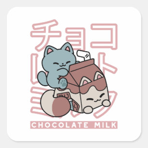 Kawaii Cat with Chocolate Milk – Japanese Pop Art  Square Sticker