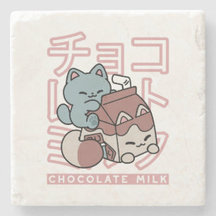 Kawaii Cat with Chocolate Milk – Japanese Pop Art Stone Coaster