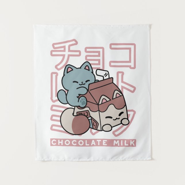 Kawaii Cat with Chocolate Milk – Japanese Pop Art  Tapestry (Front)