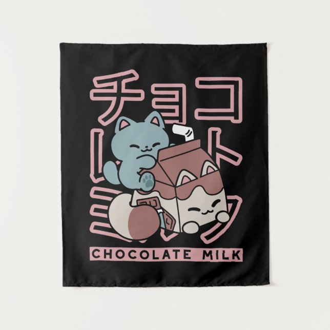 Kawaii Cat with Chocolate Milk – Japanese Pop Art  Tapestry (Front)