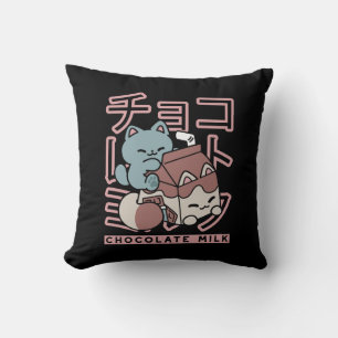 Kawaii Cat with Chocolate Milk – Japanese Pop Art  Throw Pillow