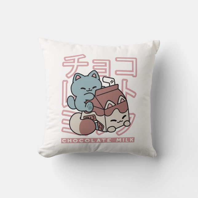 Kawaii Cat with Chocolate Milk – Japanese Pop Art  Throw Pillow