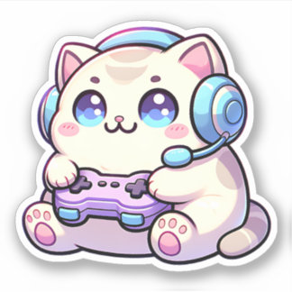 Kawaii Cat with Game Controller  Pastel Sticker 