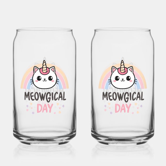 Kawaii Caticorn with Pastel Rainbow Can Glass (Front)