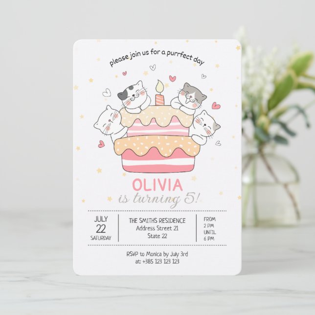 Kawaii Cats And Cake Birthday Party Invitation  (Standing Front)