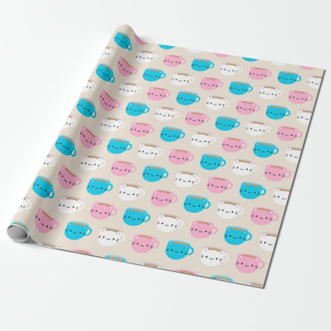 Kawaii Cats Cup of Tea Wrapping Paper (Unrolled)