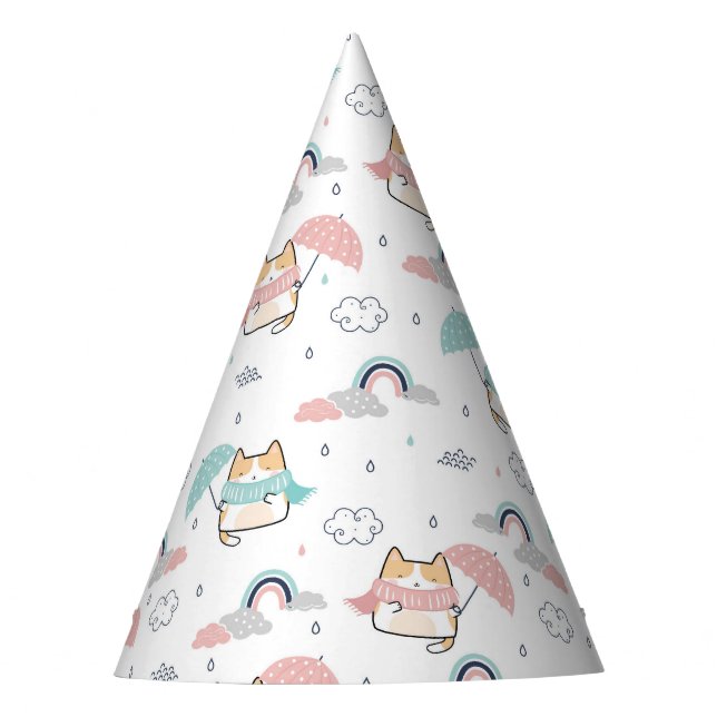 Kawaii Cats Rainy Day Pattern Party Hat (Front)