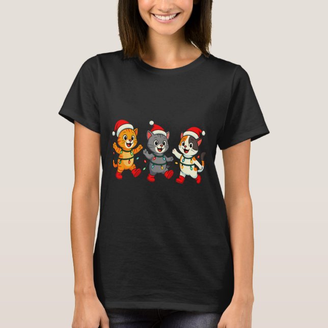 Kawaii Cats Santa Hat Dancing Lights Christmas Dan T-Shirt (Front)
