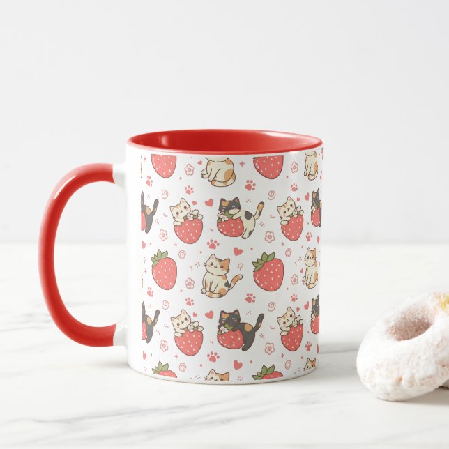 Kawaii Cats & Strawberries Mug (With Donut)