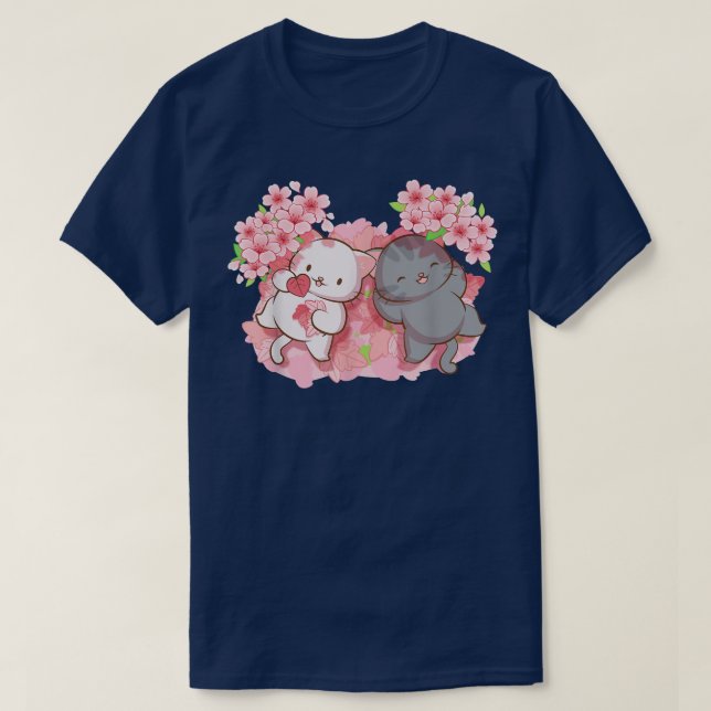 Kawaii Cats under Cherry Blossom Trees Japanese Sa T-Shirt (Design Front)