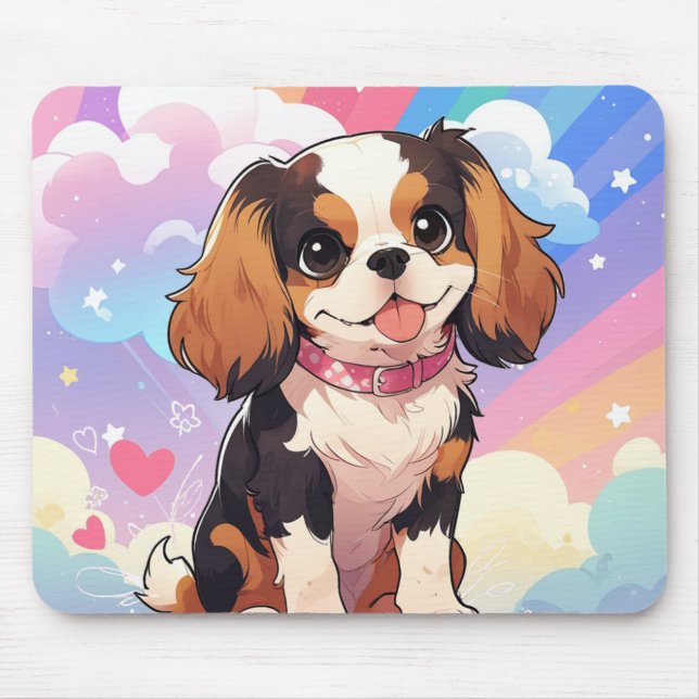 Kawaii Cavalier King Charles Pastel Rainbow Mouse Pad (Front)