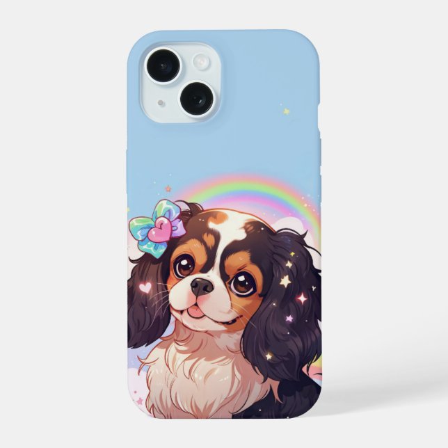 Kawaii Cavalier King Charles Pastel Rainbow sky iPhone 15 Case (Back)