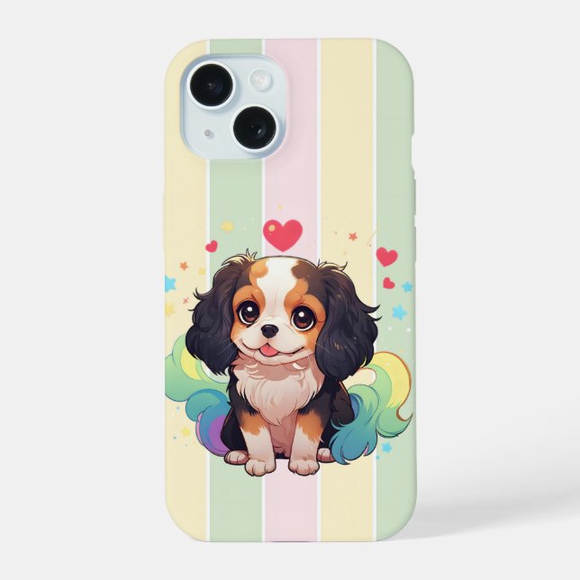 Kawaii Cavalier King Charles Pastel Rainbow Tail iPhone 15 Case (Back)