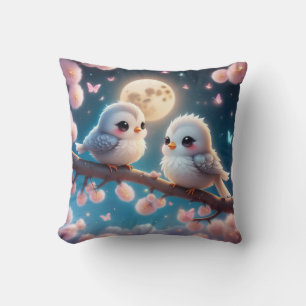Kawaii Charming Birds under Moonlight Throw Pillow