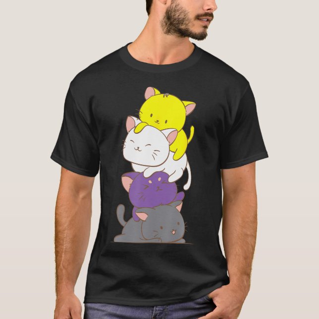 Kawaii Chat Pile T-Shirt Lgbtq Pride Non Binary Fl (Devant)