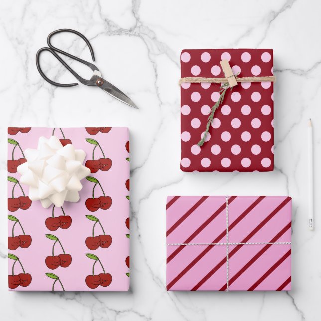 Kawaii Cherries, Polka Dots and Stripes Set of 3 Wrapping Paper Sheet (Front)