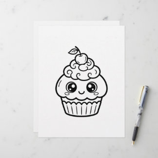 Kawaii Cherry Big Eyed Cupcake Colouring Page