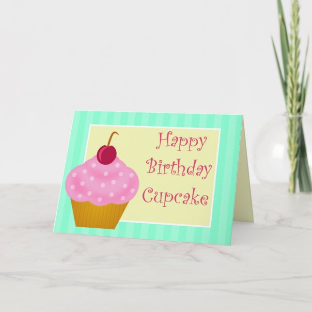Kawaii Cherry Happy Birthday Cupcake Card (Front)