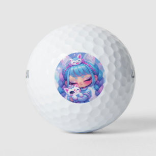 Kawaii Chibi Anime Girl Cozy Kitty Cuddle Art Golf Balls