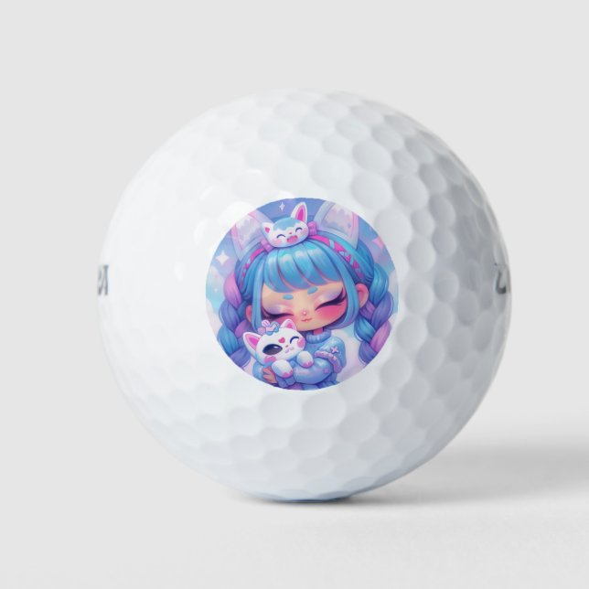 Kawaii Chibi Anime Girl Cozy Kitty Cuddle Art Golf Balls (Front)