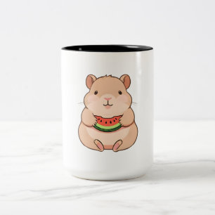 Kawaii Chibi Capybara Eating Watermelon Slice Two-Tone Coffee Mug