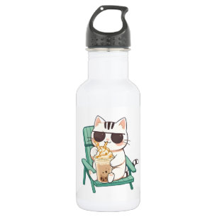 Kawaii Chibi Cat in Sunglasses Drinking Frappè 532 Ml Water Bottle