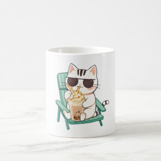 Kawaii Chibi Cat in Sunglasses Drinking Frappè Coffee Mug