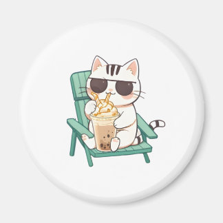 Kawaii Chibi Cat in Sunglasses Drinking Frappè Magnet