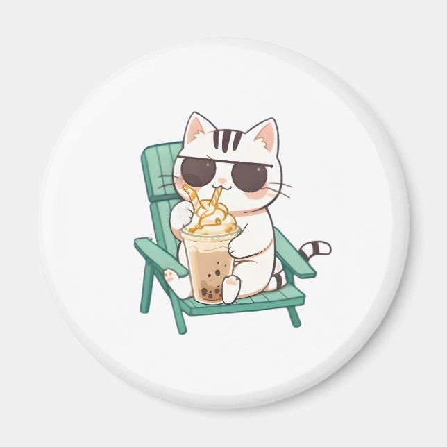 Kawaii Chibi Cat in Sunglasses Drinking Frappè Magnet (Front)