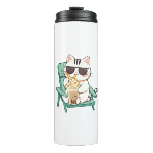Kawaii Chibi Cat in Sunglasses Drinking Frappè Thermal Tumbler