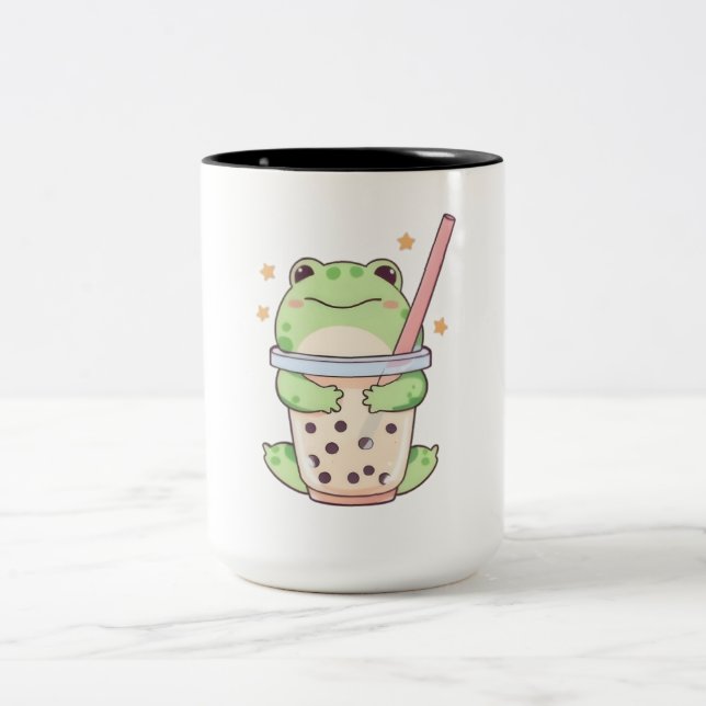 Kawaii Chibi Frog Hugging Bubble Tea Cup (Center)