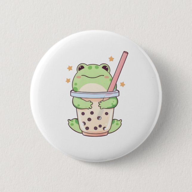 Kawaii Chibi Frog Hugging Bubble Tea Cup 2 Inch Round Button (Front)