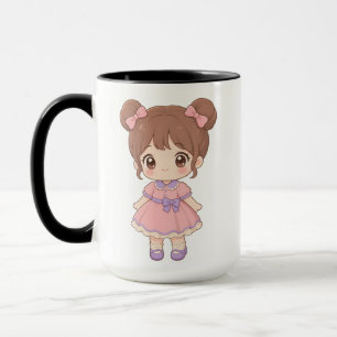 Kawaii Chibi Girl Twin Buns Pink Dress Mug Cute