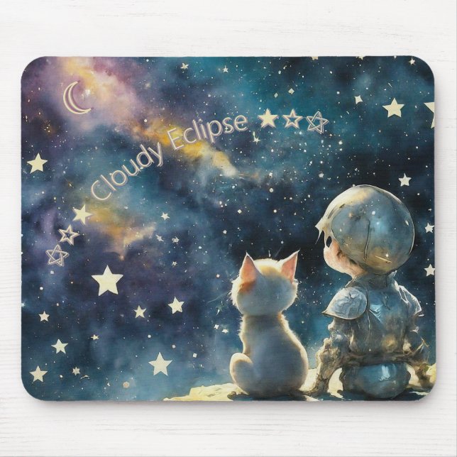 Kawaii Chibi Knight and Kitten Starry Sky Mousepad (Front)