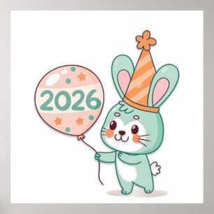 Kawaii Chibi Rabbit Mascot Holding 2026 Balloons  Poster