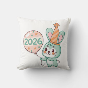 Kawaii Chibi Rabbit Mascot Holding 2026 Balloons Throw Pillow