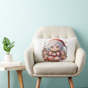 Kawaii Chibi Santa Girl Christmas Lumbar Pillow