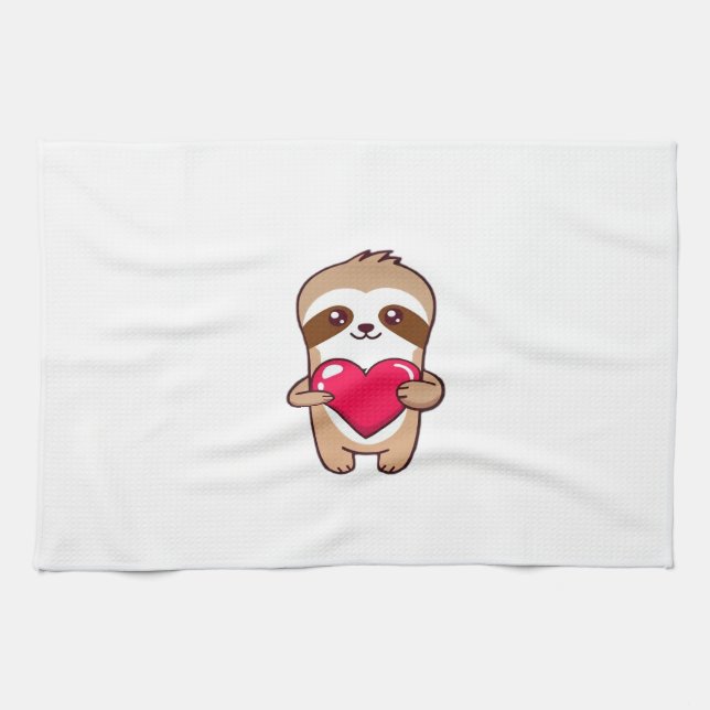 Kawaii Chibi Sloth Hugging Heart � Cute Adorable S Kitchen Towel (Horizontal)