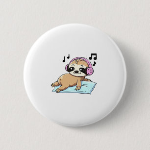 Kawaii Chibi Sloth Listening to Music � Cute Relax 2 Inch Round Button