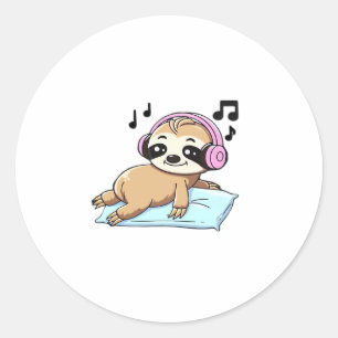 Kawaii Chibi Sloth Listening to Music � Cute Relax Classic Round Sticker