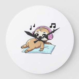 Kawaii Chibi Sloth Listening to Music � Cute Relax Large Clock