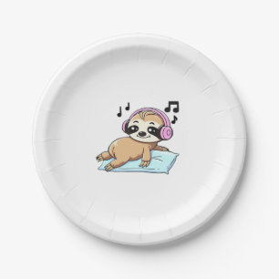 Kawaii Chibi Sloth Listening to Music � Cute Relax Paper Plate