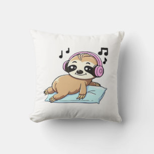 Kawaii Chibi Sloth Listening to Music � Cute Relax Throw Pillow