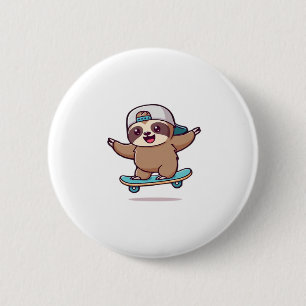 Kawaii Chibi Sloth Skater � Cute Funny Skateboardi 2 Inch Round Button