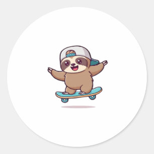 Kawaii Chibi Sloth Skater � Cute Funny Skateboardi Classic Round Sticker