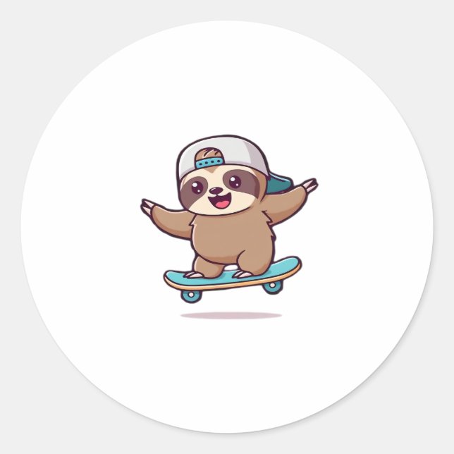 Kawaii Chibi Sloth Skater � Cute Funny Skateboardi Classic Round Sticker (Front)